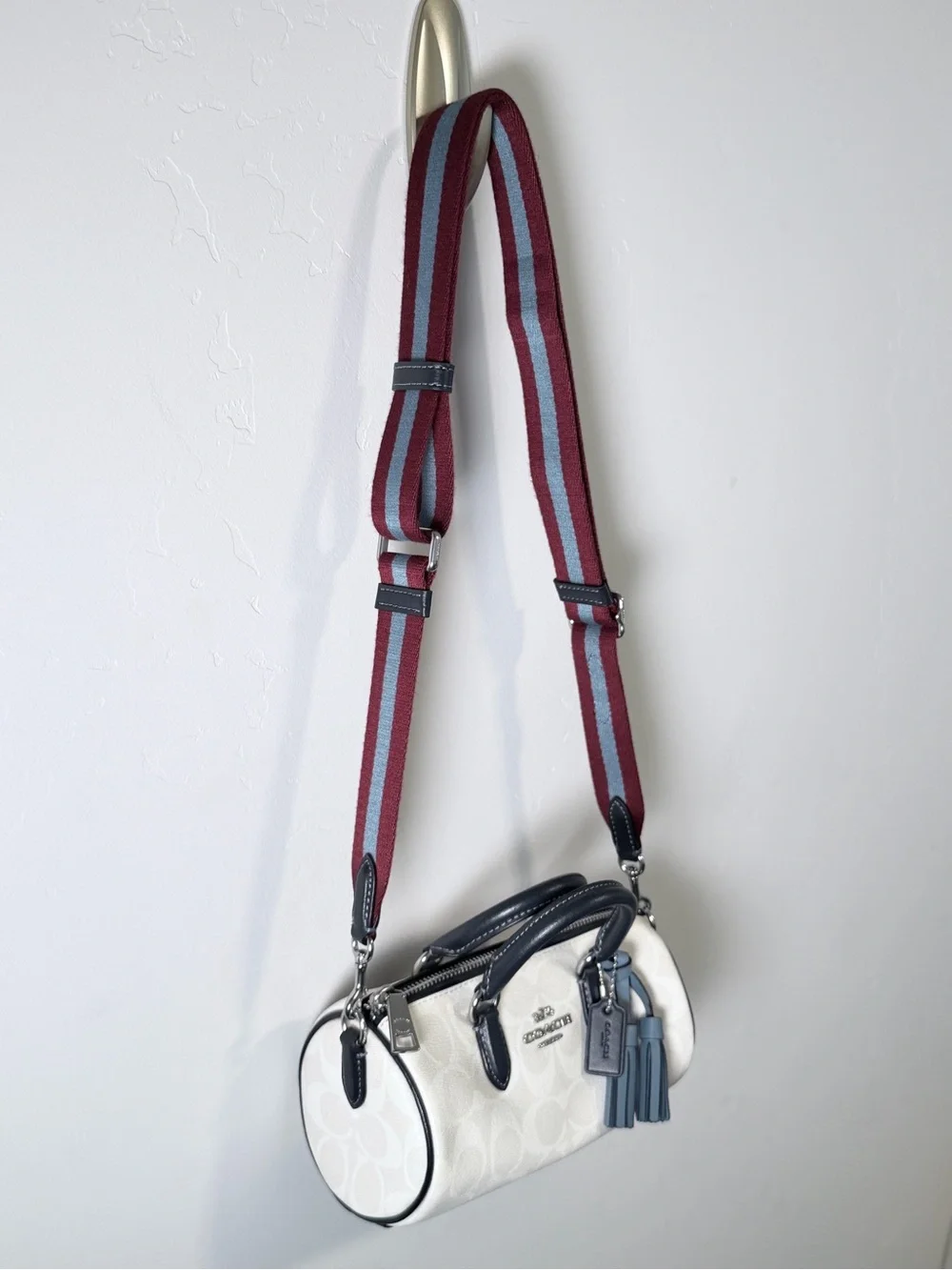Coach White Lacey Crossbody in Signature Canvas and Blue Tassel